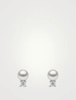 Trend 18K White Gold Freshwater Pearl And Diamond Petite Stud Earrings