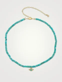 Turquoise Beaded Necklace With Diamond And Turquoise Bezel Evil Eye