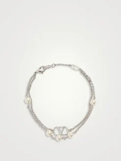 VLogo And Faux Pearl Double-Chain Bracelet