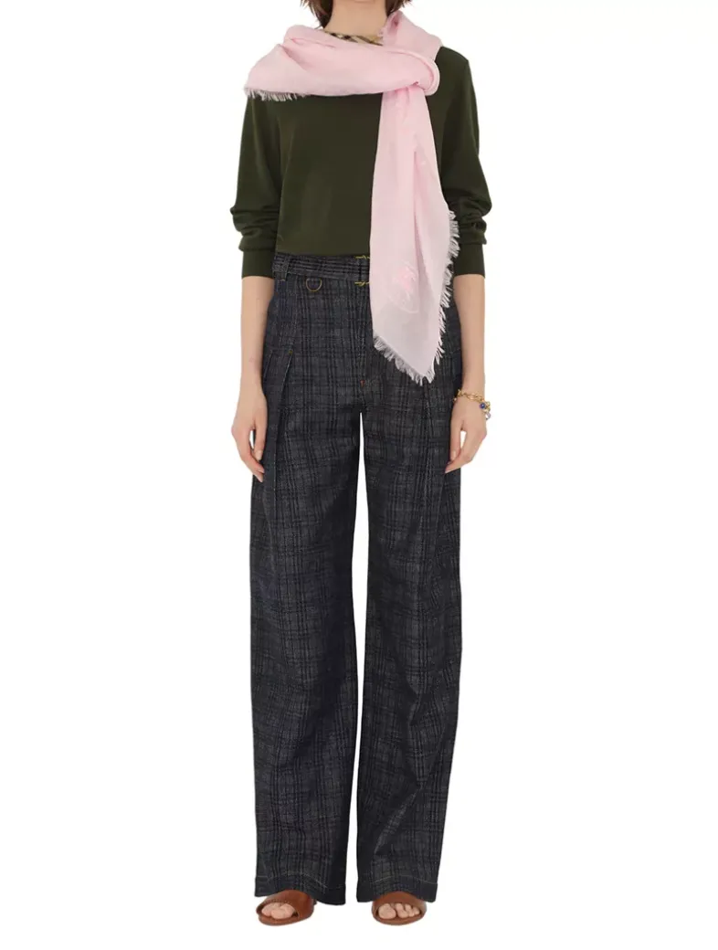 Wide Check Wool Silk Scarf