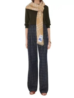 Wide Check Wool Silk Scarf