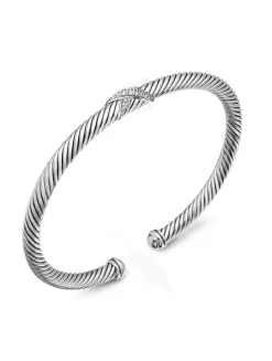 X Classic Cable Station Bracelet In Sterling Silver With Diamonds, 4mm