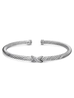 X Classic Cable Station Bracelet In Sterling Silver With Diamonds, 4mm