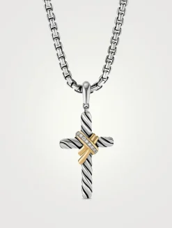 X Cross Pendant In Sterling Silver With 18k Yellow Gold And Pavé Diamonds