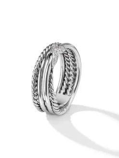 X Crossover Band Ring In Sterling Silver With Pavé Diamonds